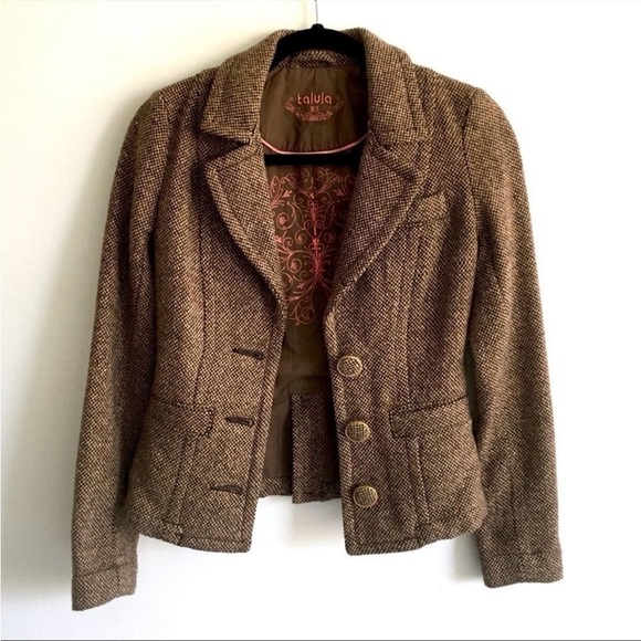 (SOLD) Aritzia Talula Brown Tweed Wool Blend Button Front Blazer Jacket XS - Picture 2 of 9